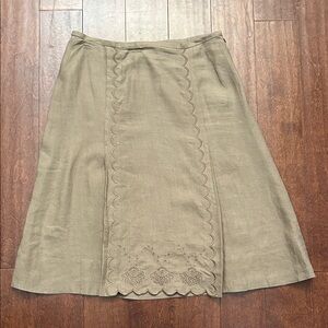 J. Jill 100% Linen Khaki Midi Skirt with Embroidered Scallop Detailing, Size 10